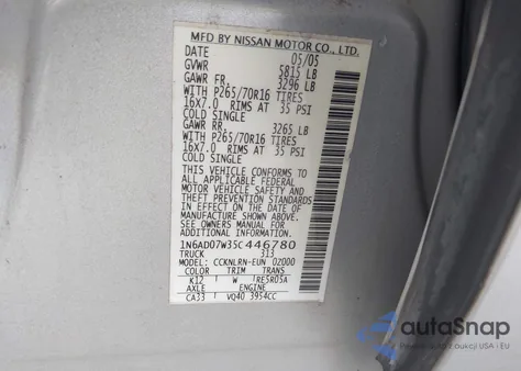 2005 Nissan Frontier Se из США, поврежденный, VIN 1N6AD07W35C446780